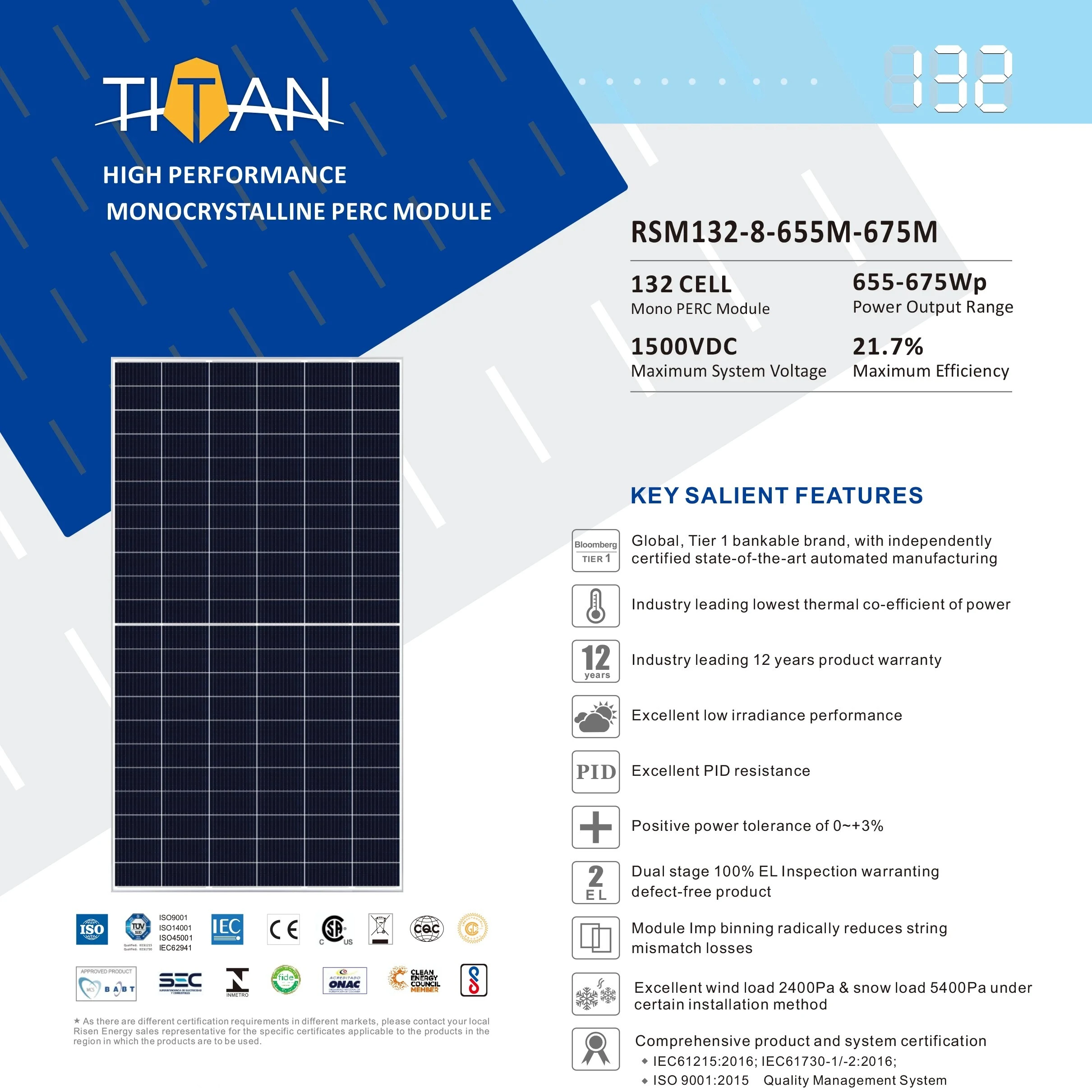 Risen Solar 655W 660W 665W 670W 675W 132 Cells High Efficiency Module